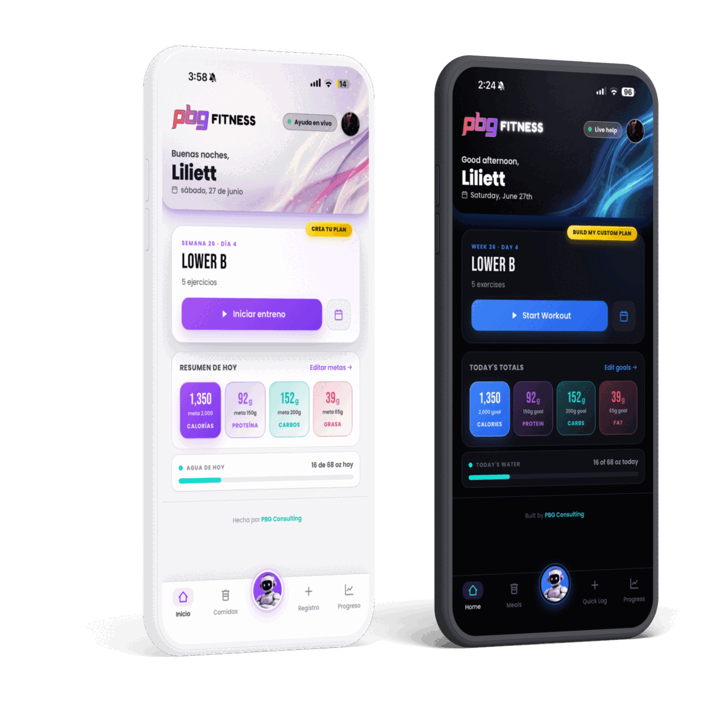 PBG Fitness home, light and dark themes