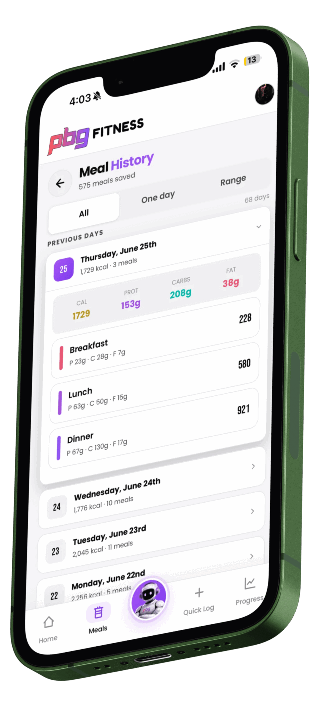 PBG Fitness nutrition tracking on phone