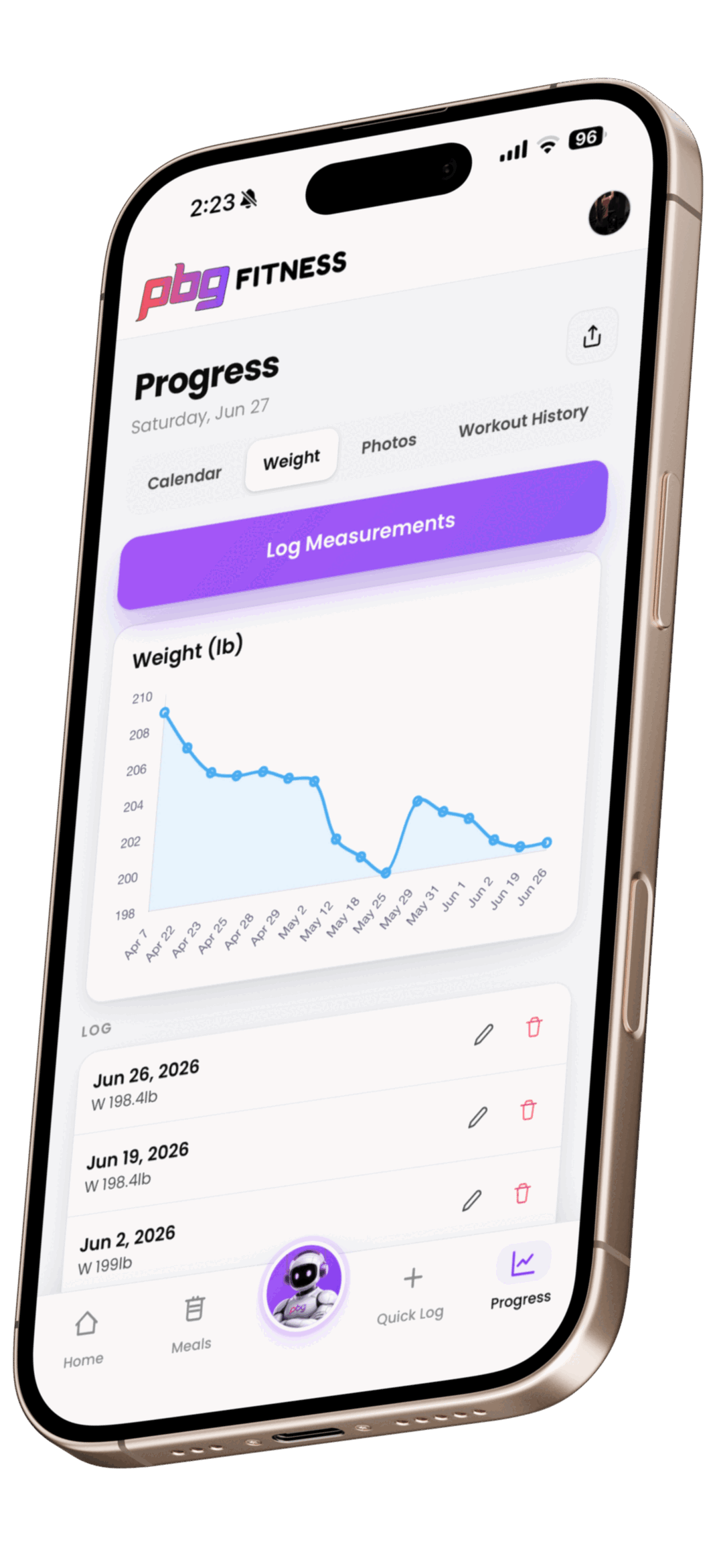 PBG Fitness weekly progress on phone